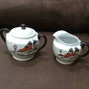 Japanese hand painting teapot Sugar Bowl W/lid And Creamer Pearlescent Village